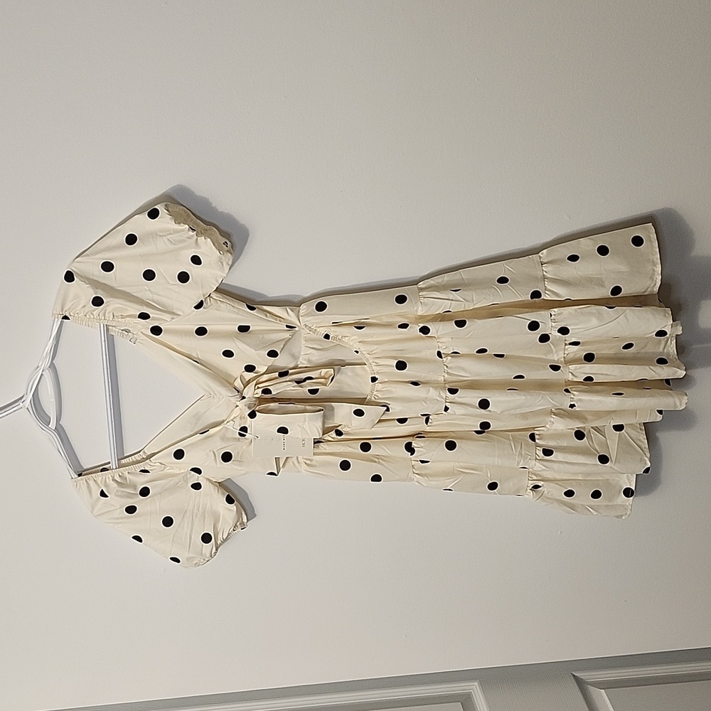 NWTs Morrisday the label polka dot cream tiered puff sleeve cutout S dress - Picture 3 of 8
